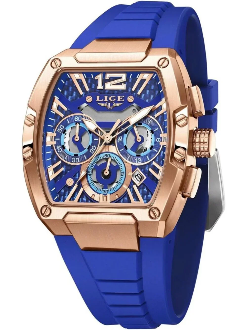 Men's Blue and Bright Copper Square Chronograph Stainless Steel Quartz Watch